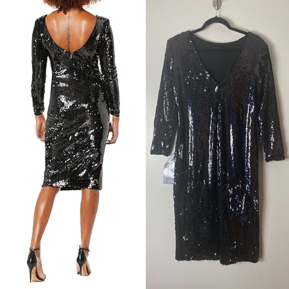 DRESS THE POPULATION DRESS 1X BLACK SEQUIN FALL WEDDING GUEST EVENING COCKTAIL - Picture 3 of 15